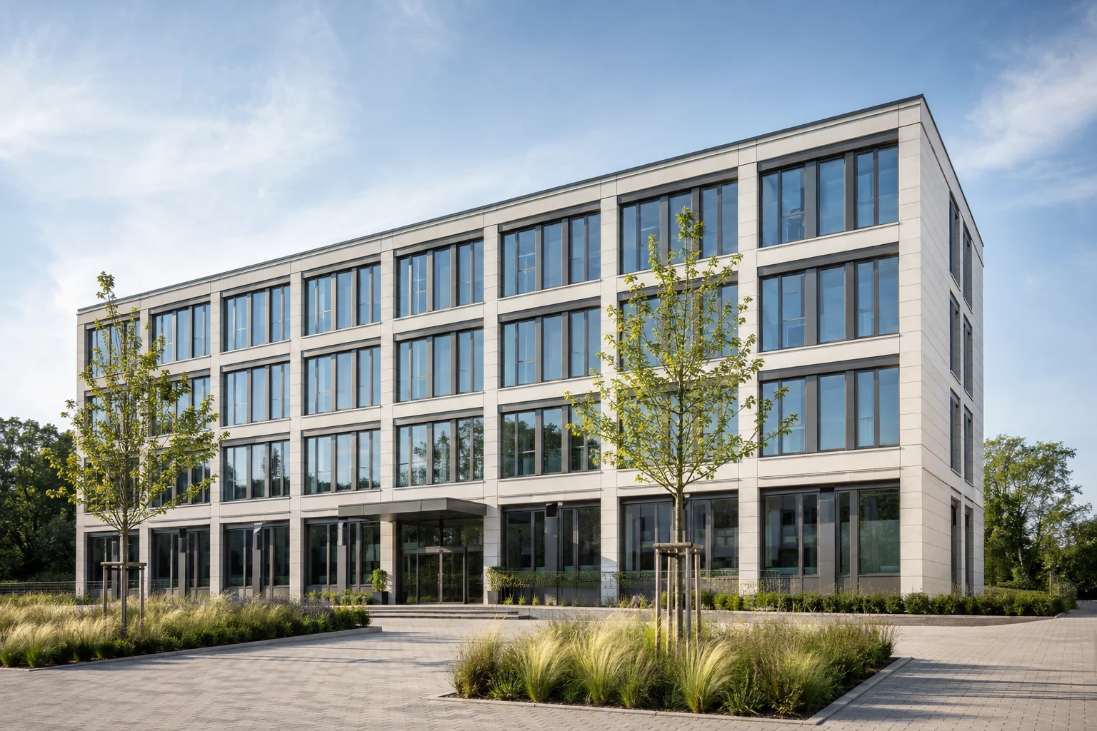 Modernisiertes Bürogebäude mit heller Fassade und bepflanztem Vorplatz